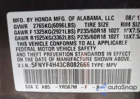 2012 Honda Pilot Ex z USA, uszkodzony, nr VIN 5FNYF4H43CB082666